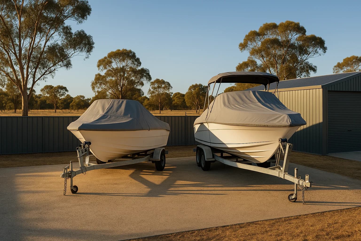 Two boats on trailers stored side by side on a concrete pad at a semi-rural Australian property