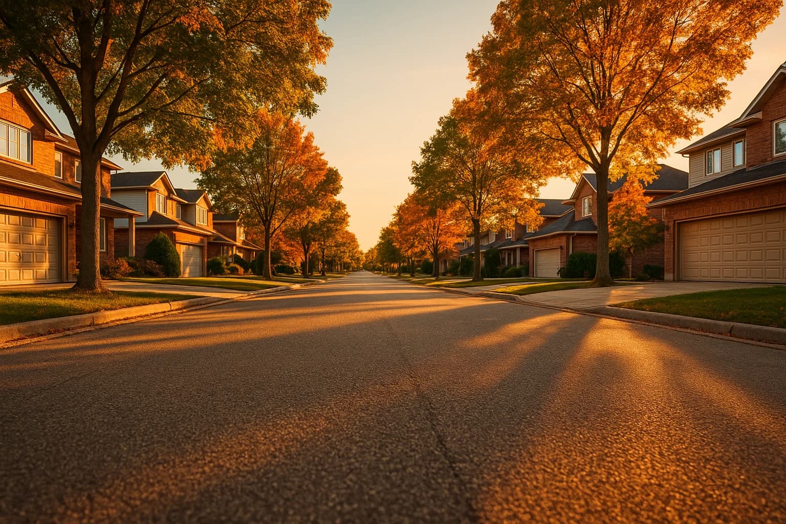 Quiet Canadian suburban street at golden hour, driveways and garages available