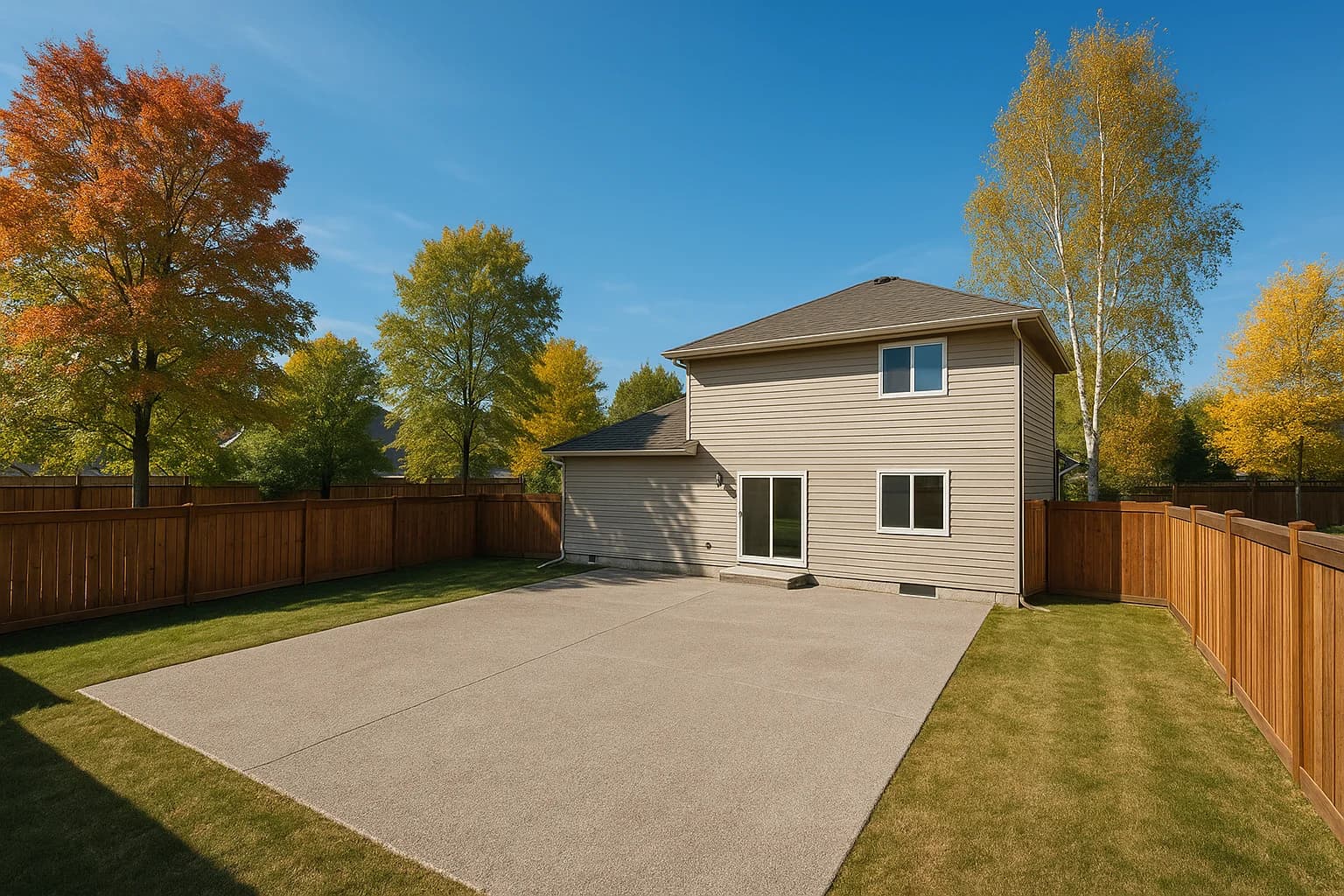 Large Canadian residential backyard with concrete pad and maple trees