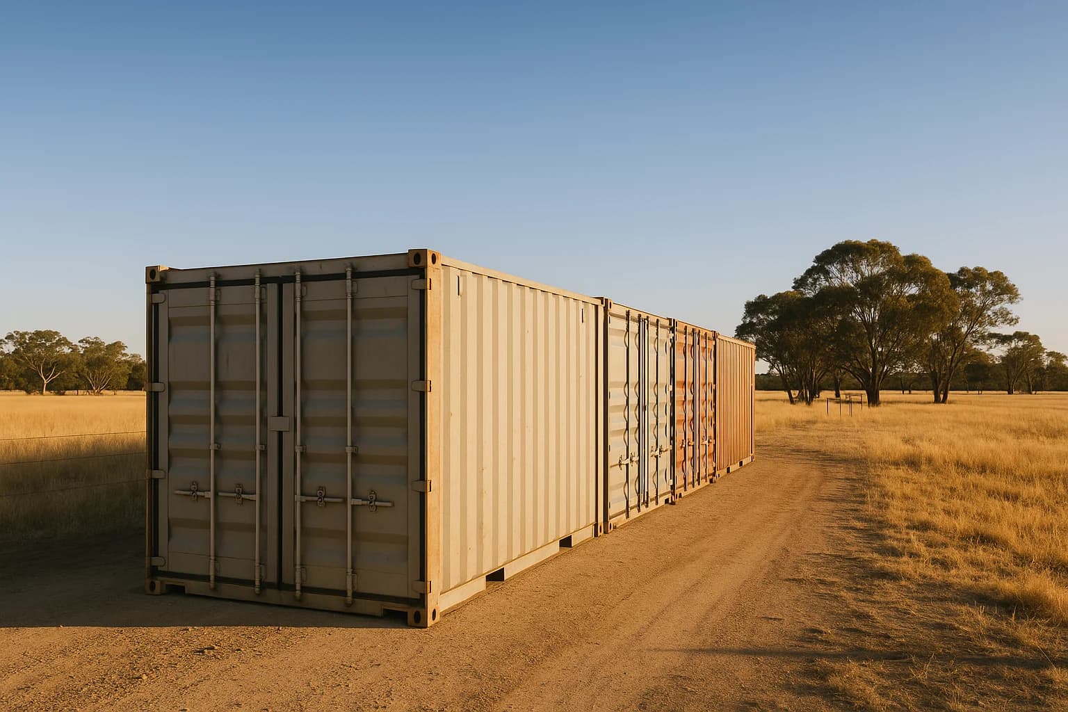 Row of shipping containers on a flat rural Australian property, dry grass and eucalyptus beyond