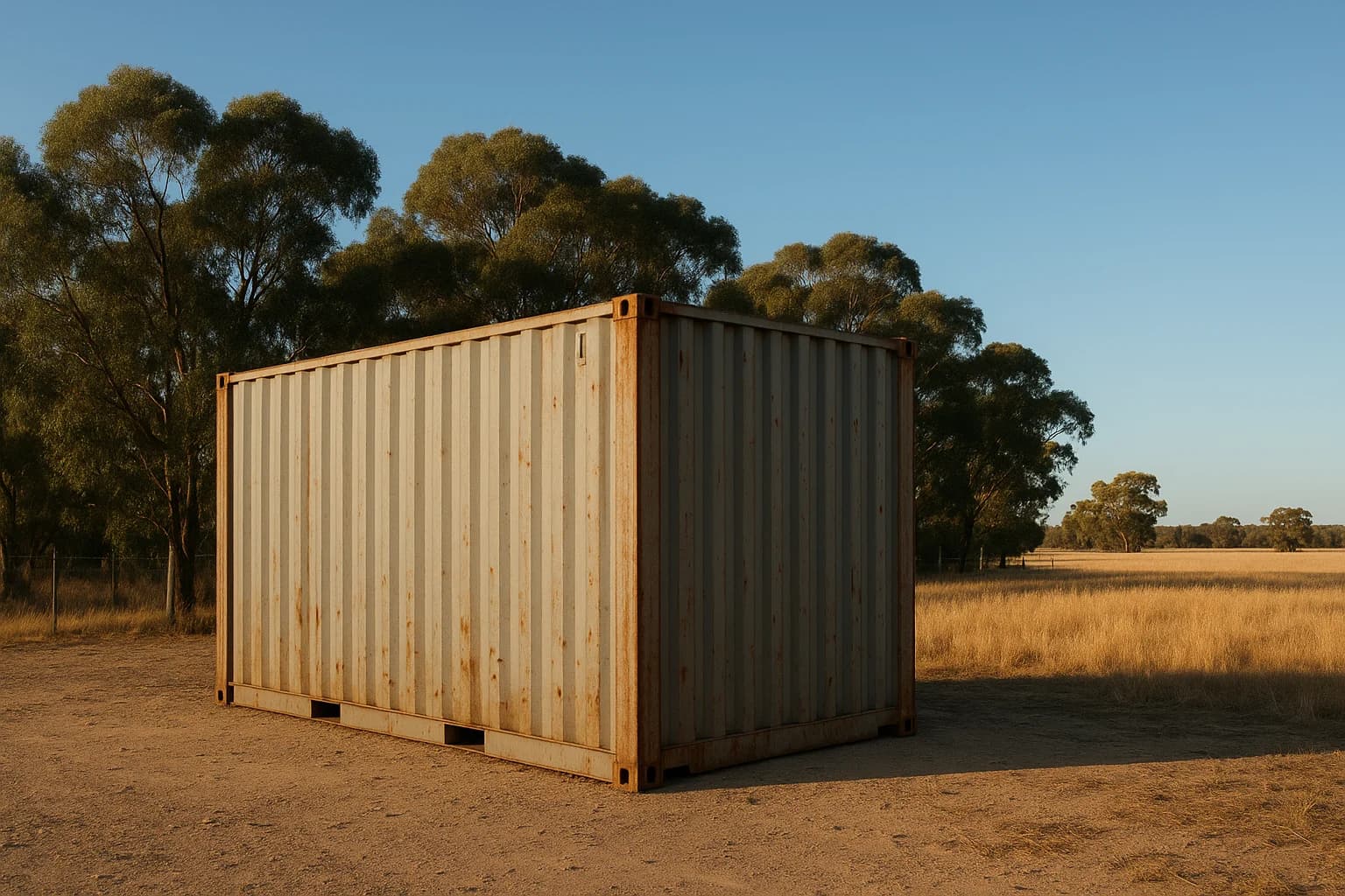 Single 20-foot shipping container standing on a rural Australian property with eucalyptus trees