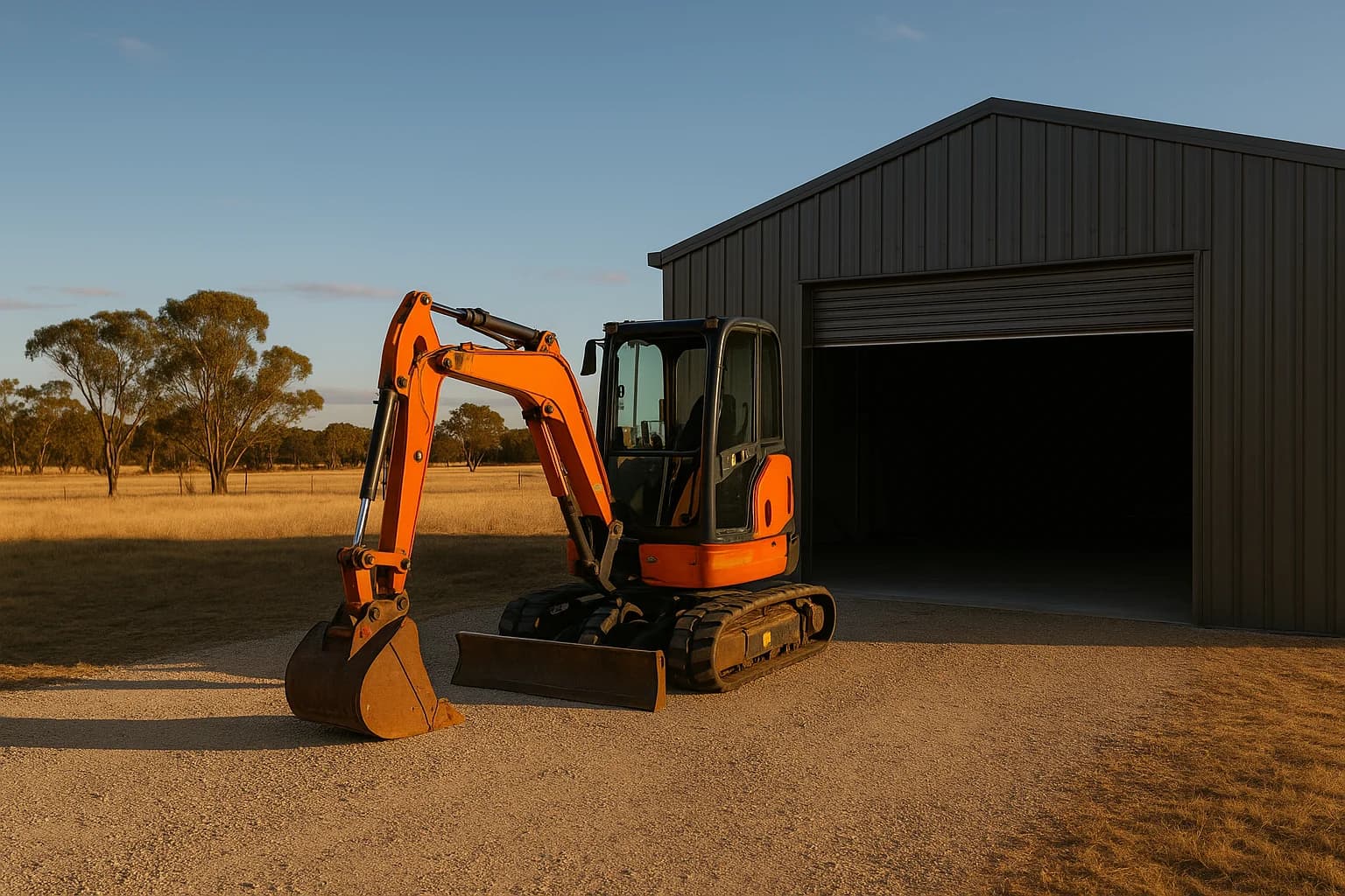Compact excavator parked beside a Colorbond shed on a rural Australian hardstand
