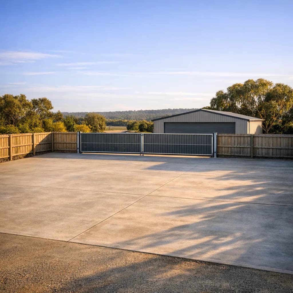 Open concrete storage yard with shed and gate in golden afternoon light