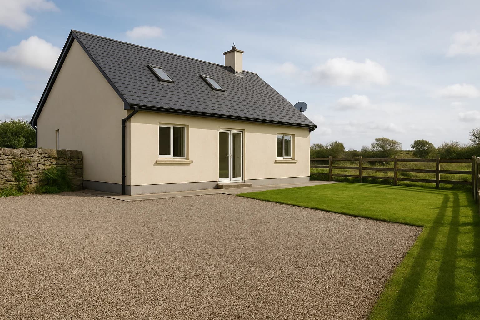 Generous Irish residential backyard with concrete yard and stone fencing