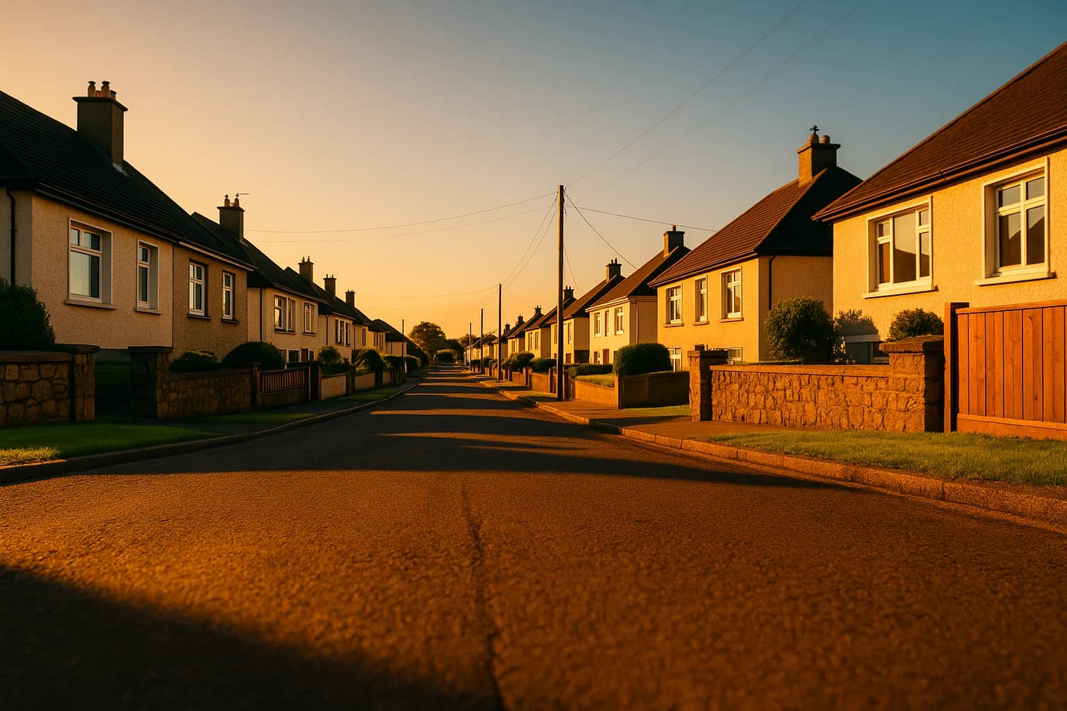 Quiet Irish suburban street at golden hour, driveways and garages available