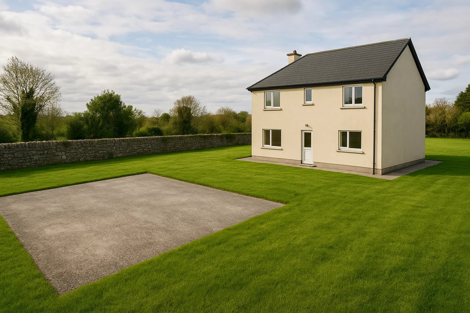 Spacious Irish residential rear garden with gravel pad and stone boundary wall
