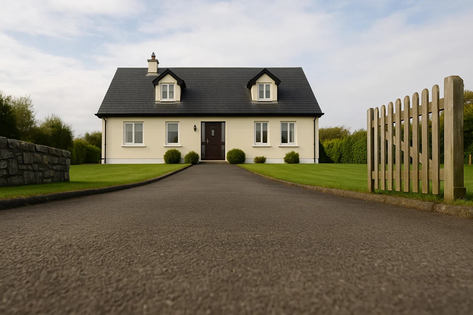 Typical Irish suburban driveway leading to a rendered cream home