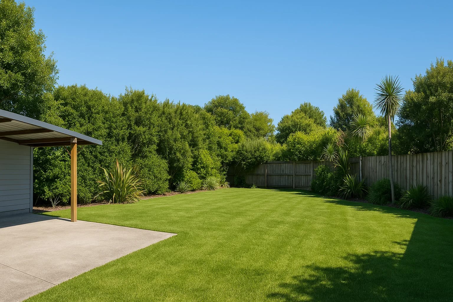 Generous New Zealand backyard with gravel pad and native hedging