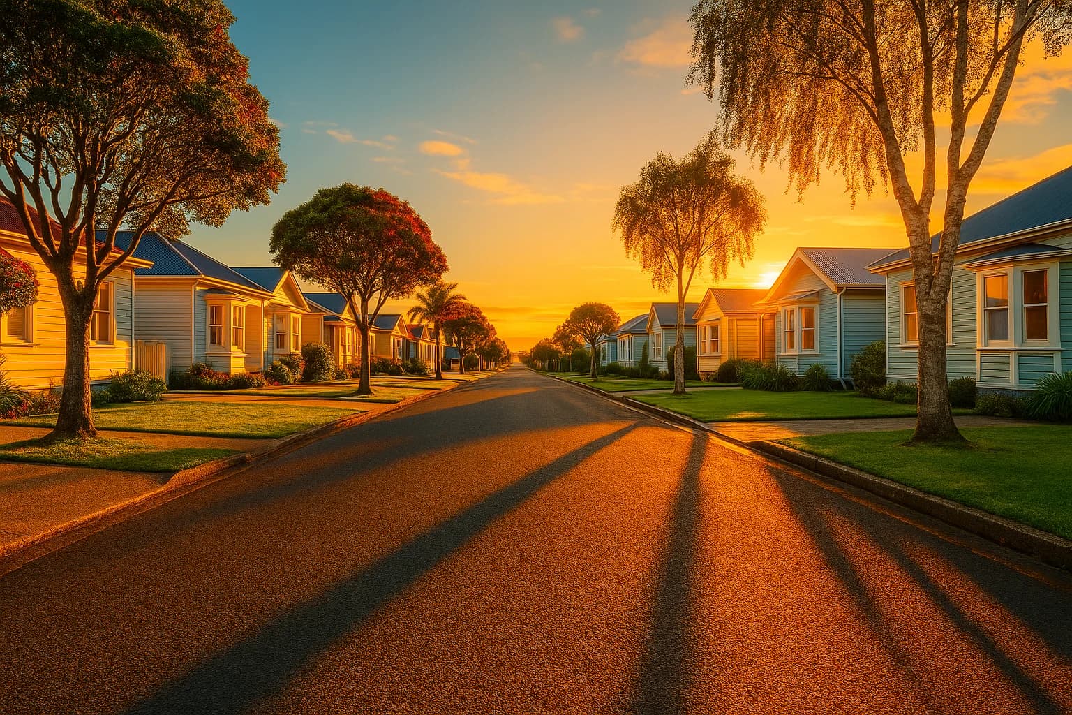 Quiet New Zealand residential street at golden hour, driveways and garages available