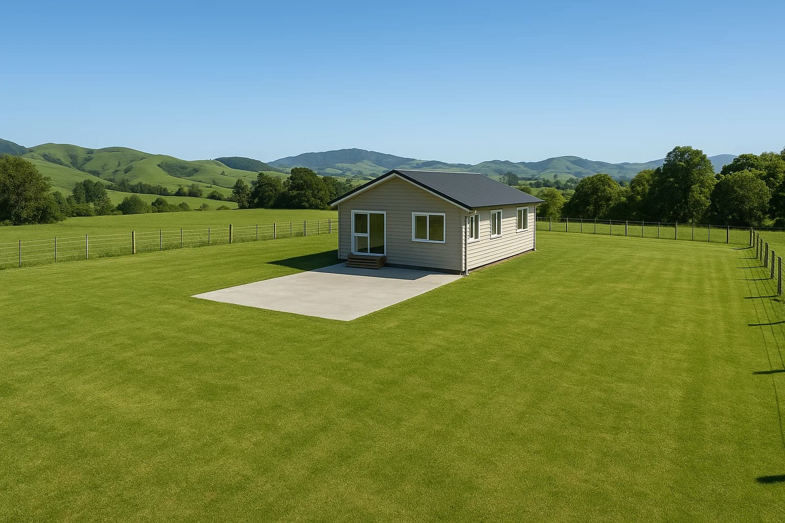 Spacious New Zealand residential section with concrete pad and green hills beyond