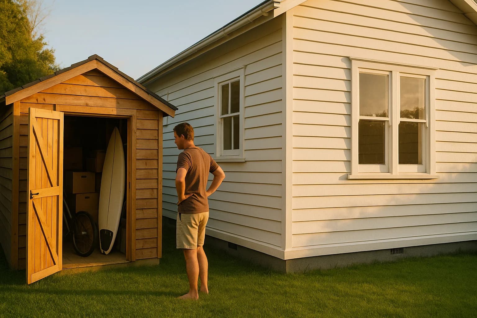 Person at a New Zealand weatherboard home checking smartphone, storage found