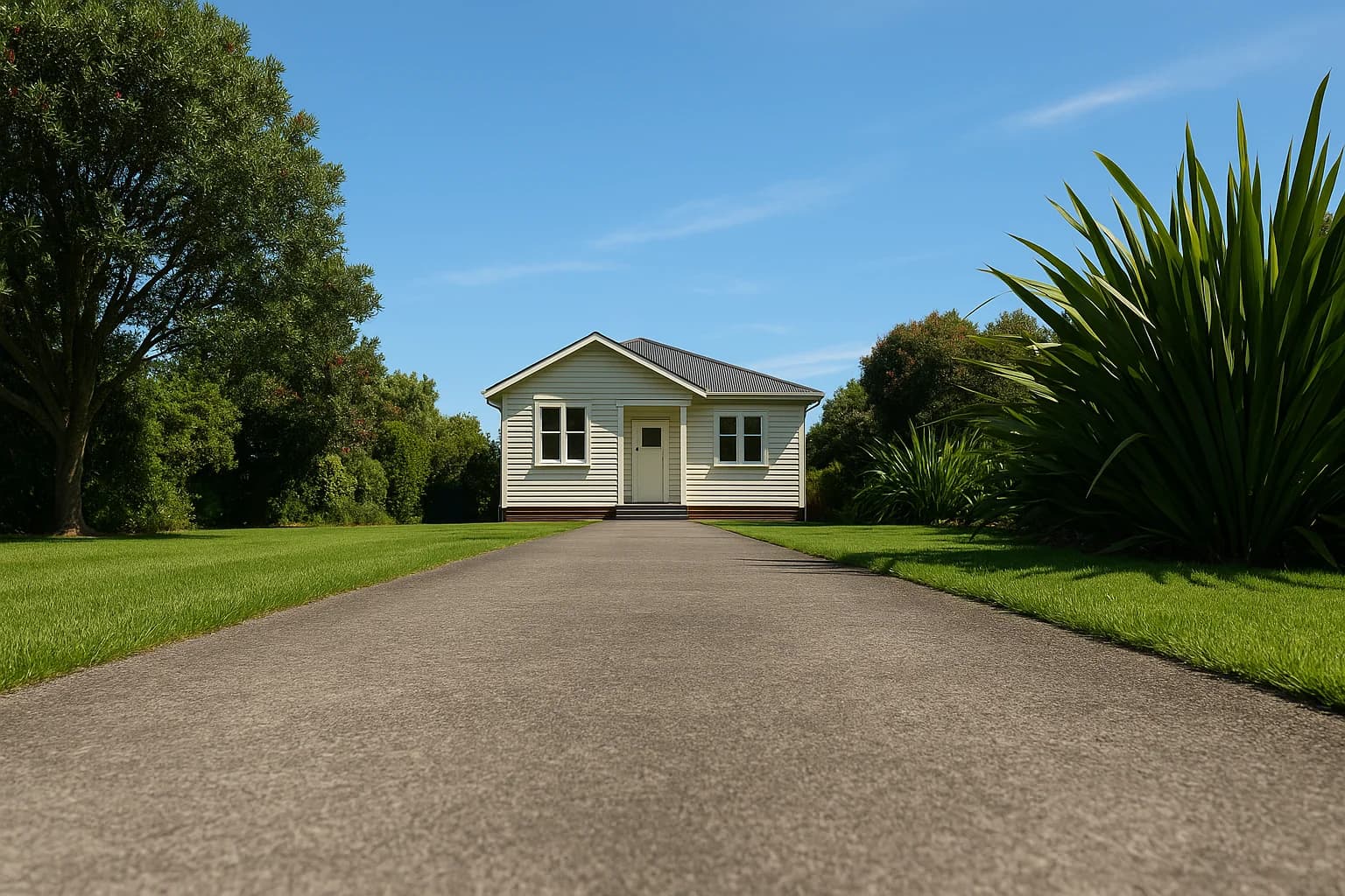 Wide New Zealand residential driveway leading to a timber weatherboard home