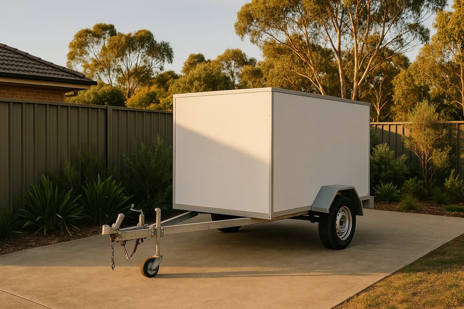 Box trailer parked securely in a residential side yard with Colorbond fence