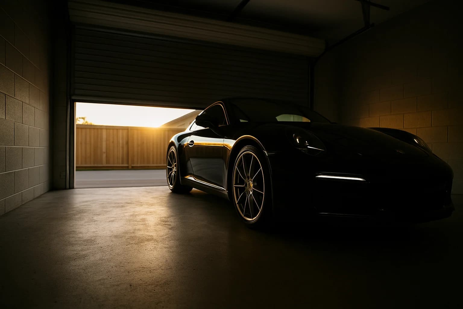Dark prestige car inside a garage lit by afternoon sunlight through roller door