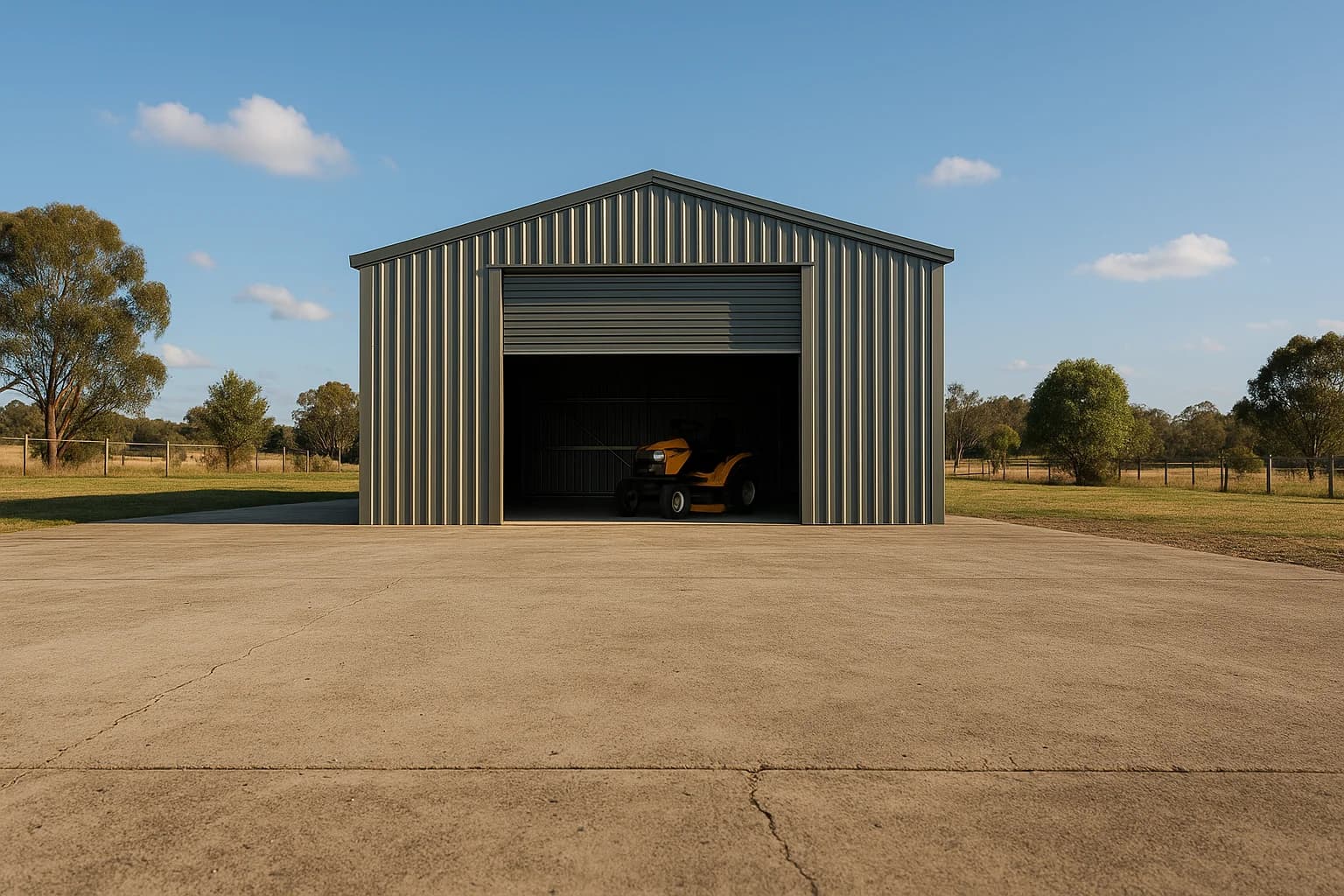 Tractor visible inside a Colorbond shed on a rural Australian hardstand