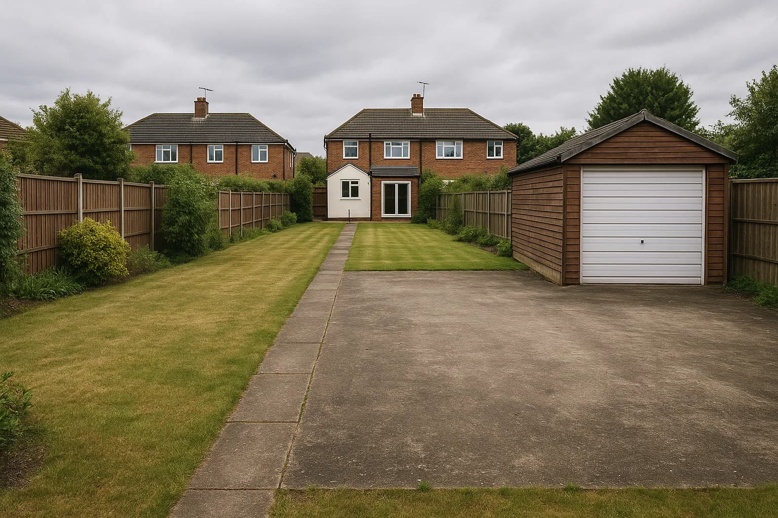 Generous British rear garden with hardstanding area for vehicle storage