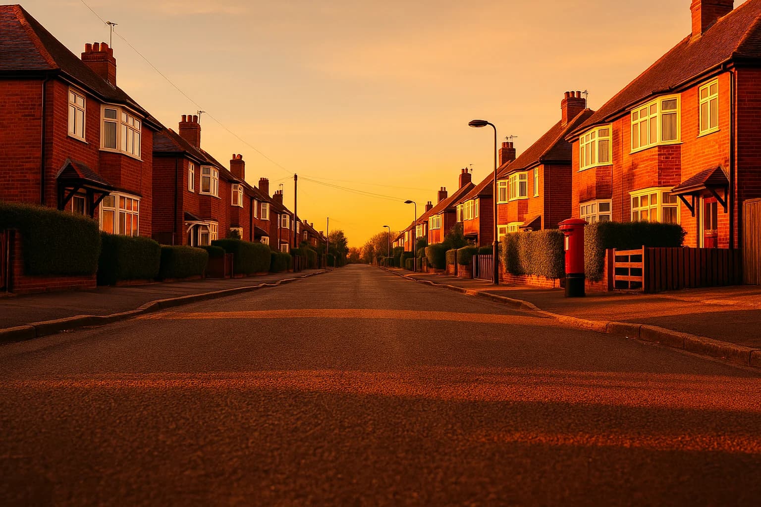 Quiet British residential street at golden hour, driveways and garages available
