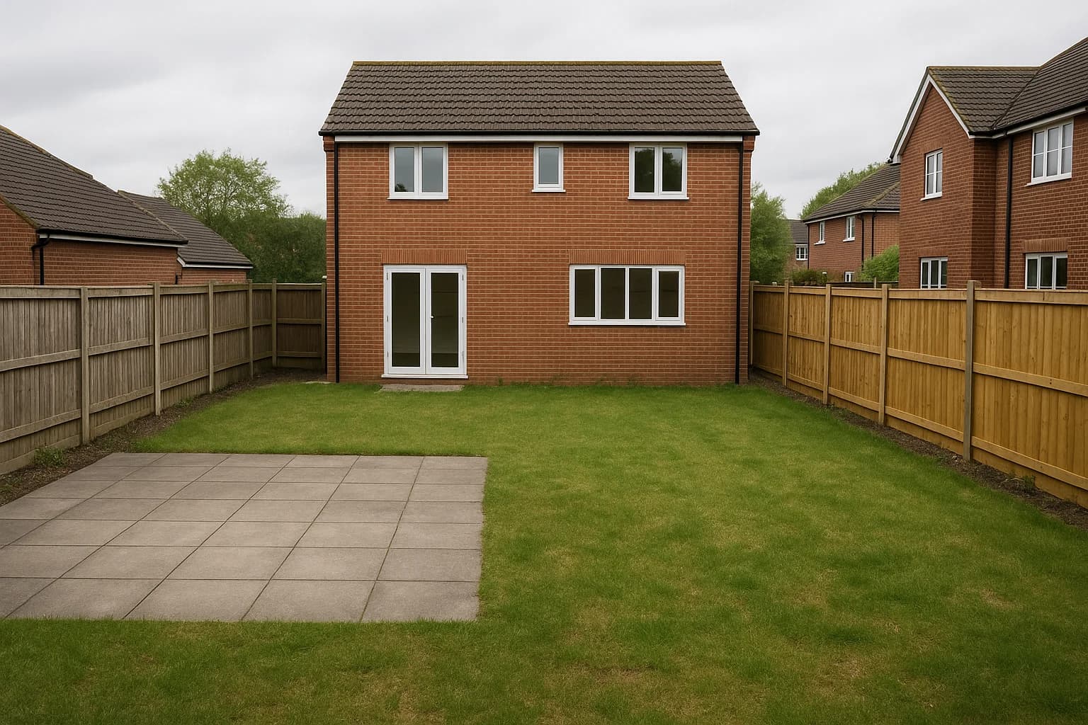 Generous British residential rear garden with concrete pad and timber fencing