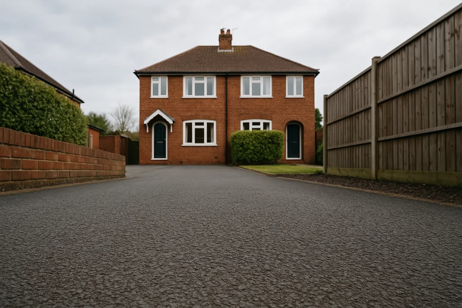 Typical British residential driveway leading to a red brick semi-detached home