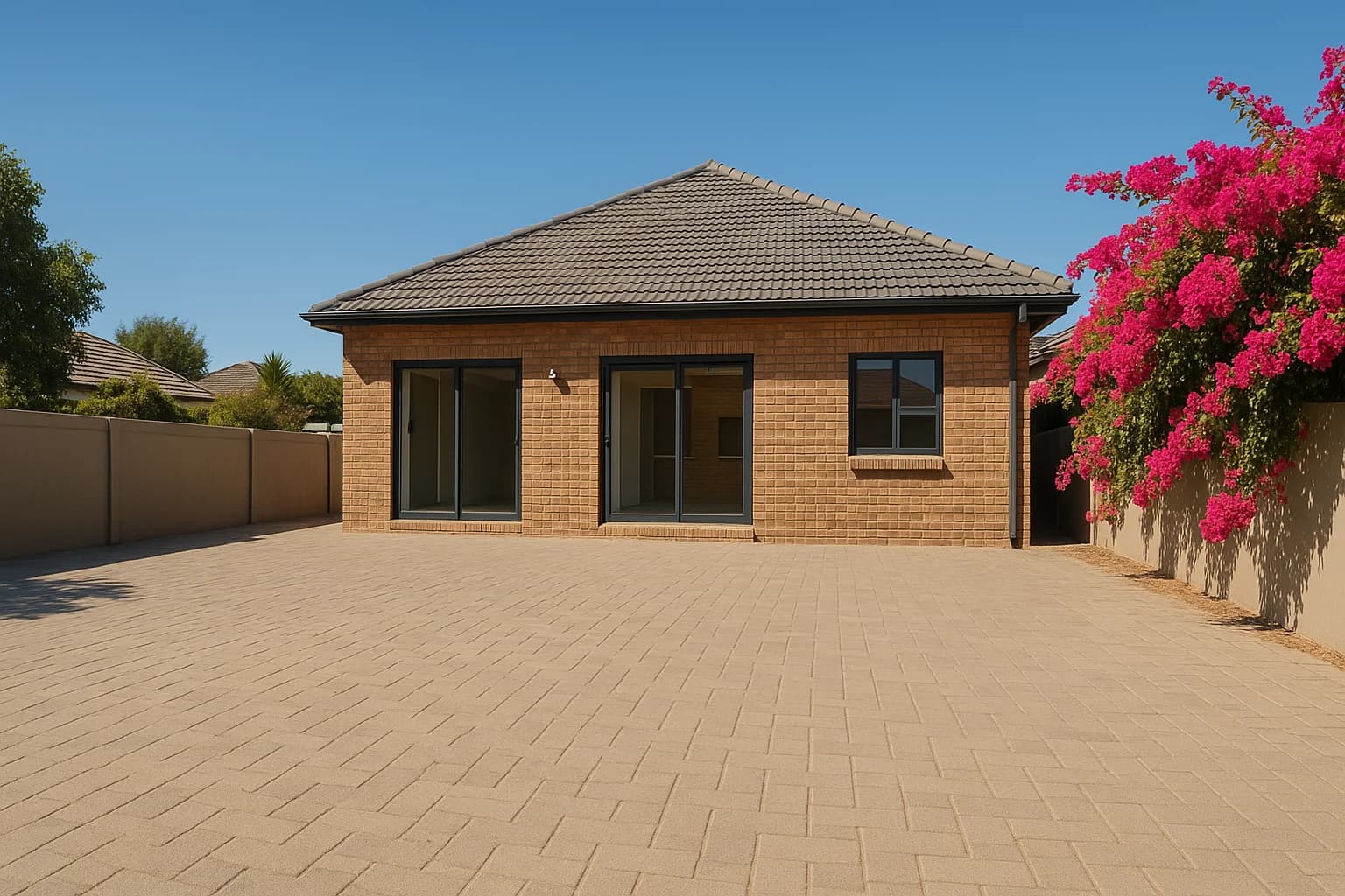 Generous South African rear yard with paved hardstanding and perimeter wall