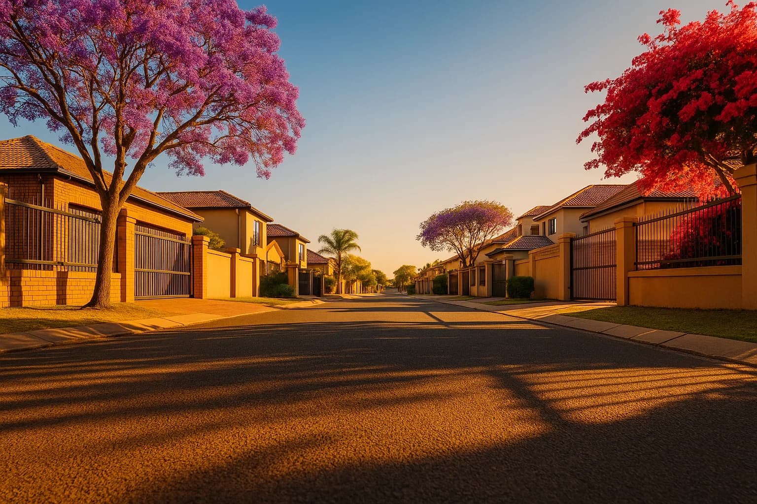 Quiet South African suburban street at golden hour, driveways and garages available