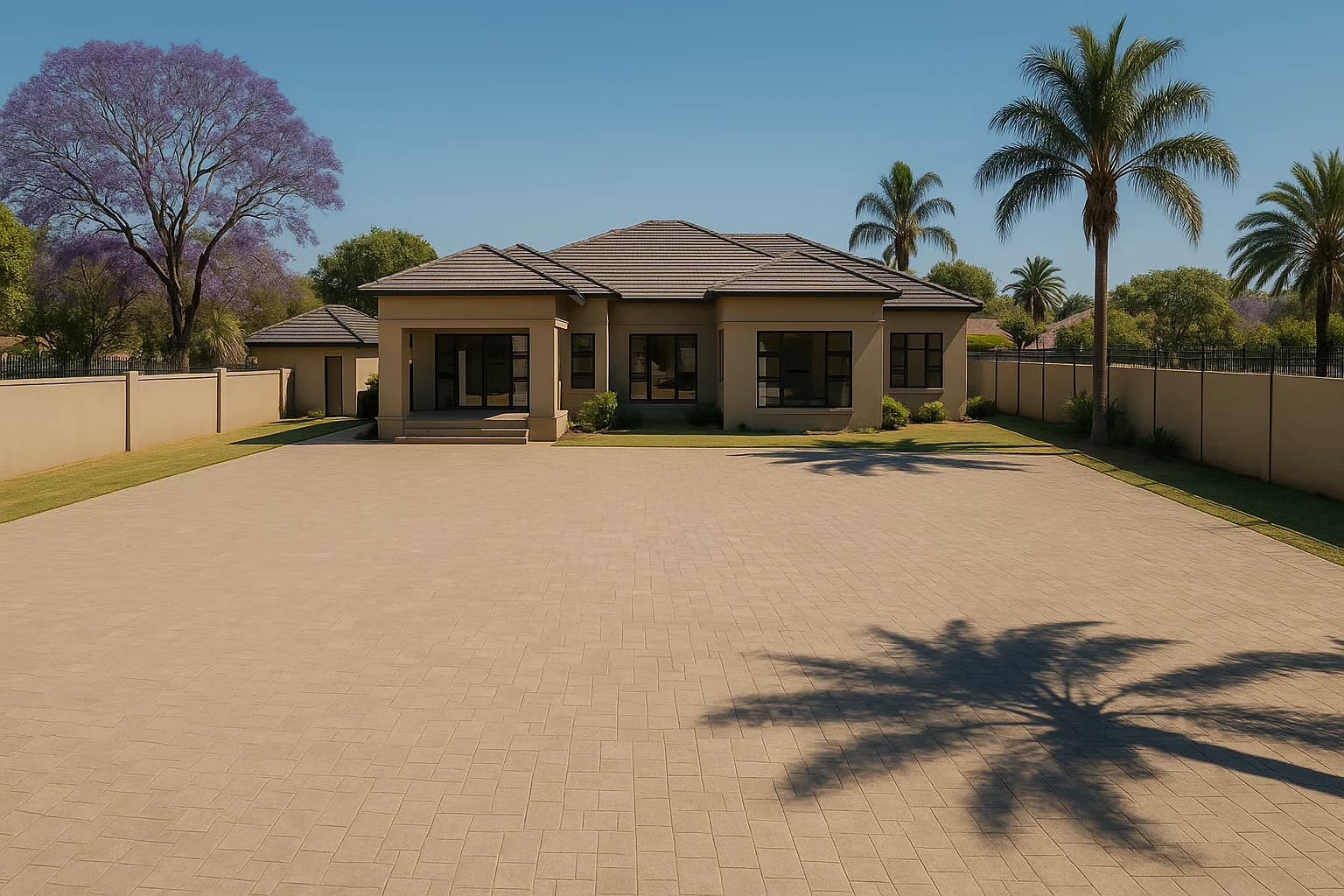 Large South African residential yard with perimeter wall and jacaranda trees