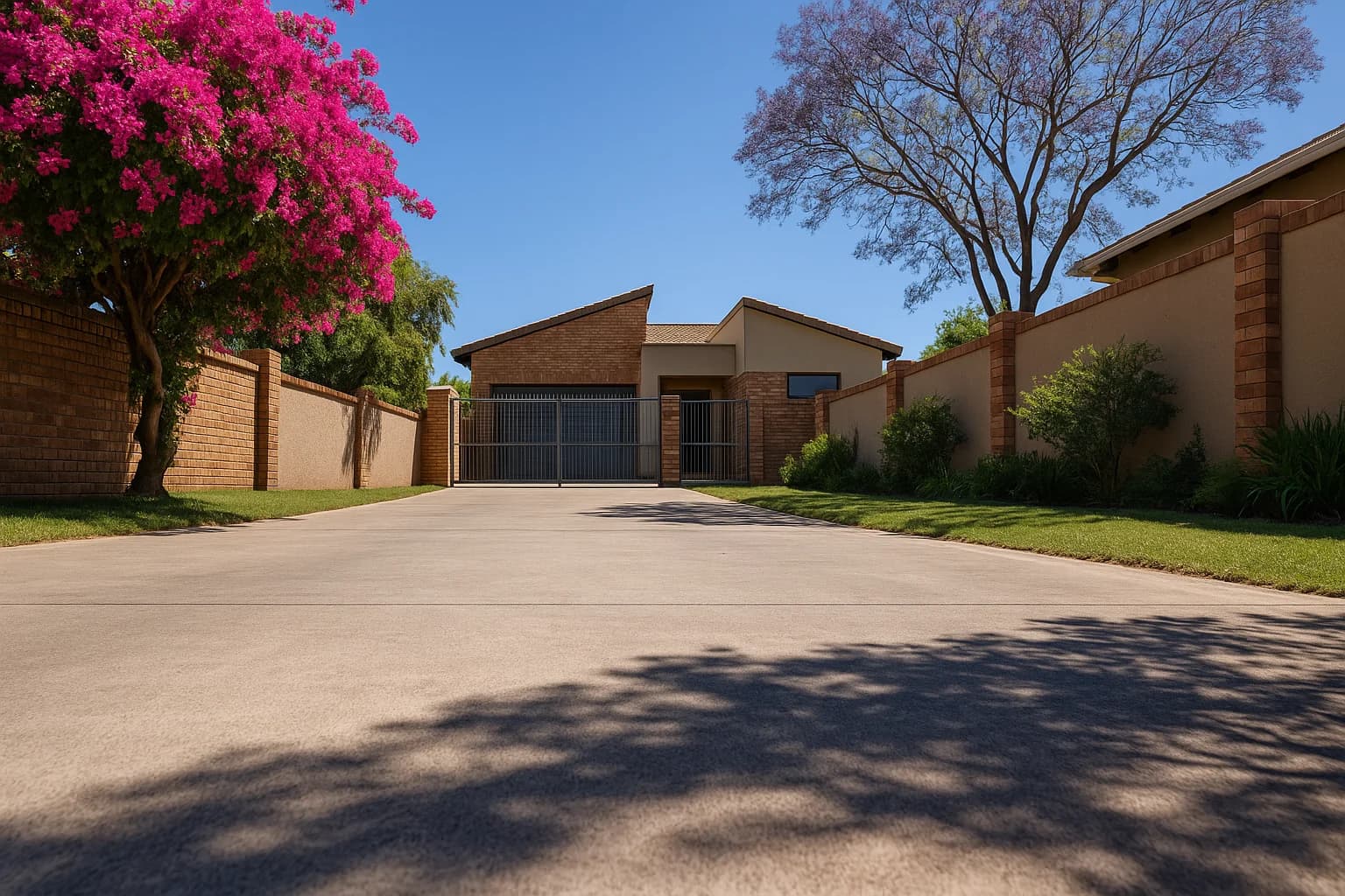South African suburban driveway with security gate and bougainvillea